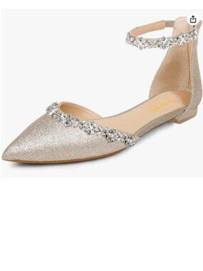 XYD Gold Pointed Toe D'Orsay Wedding Sparkly Rhinestones Ankle Strap Sandals